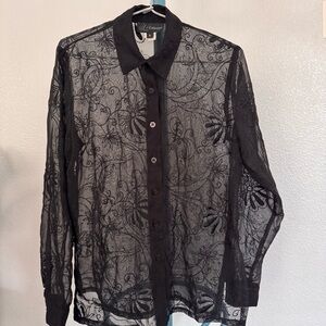 Z Collection Women see through embroidered button down shirt black vintage Small